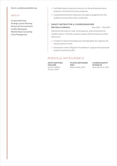 Free Dance Teacher ATS Resume Template, AI Resume Builder