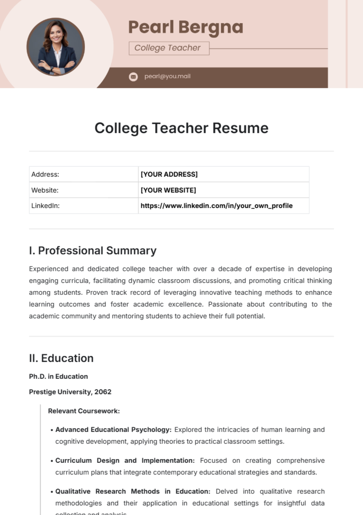 College Teacher Resume Template - Edit Online & Download