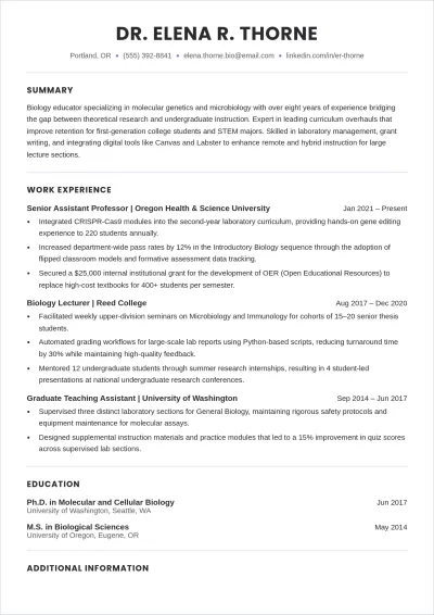 Free College Teacher ATS Resume Template, AI Resume Builder