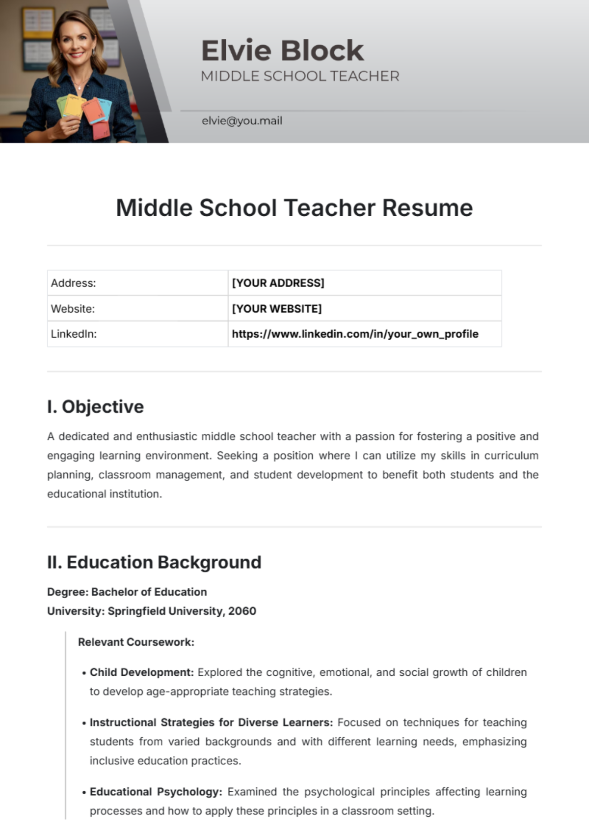 Middle School Teacher Resume Template - Edit Online & Download