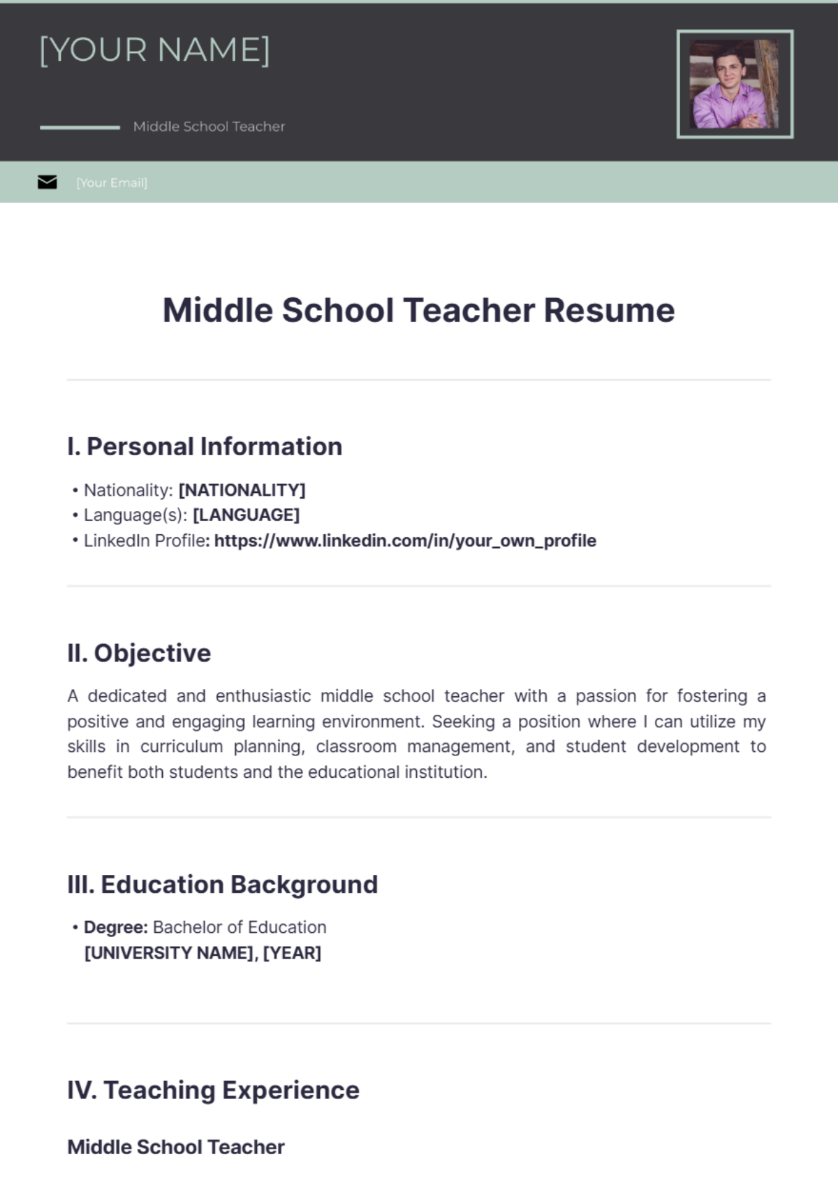 Middle School Teacher Resume - Edit Online & Download Example ...