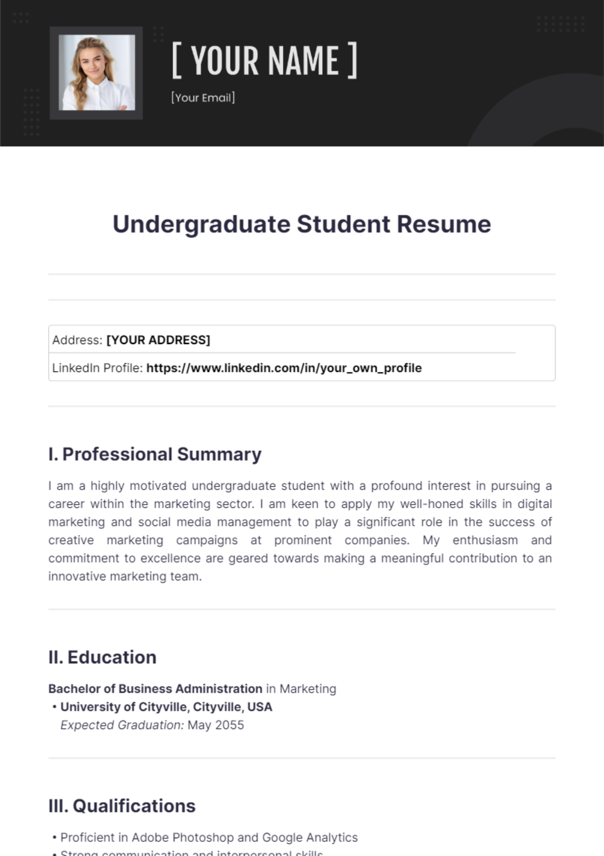 Undergraduate Student Resume