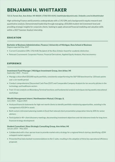 Free Undergraduate Student ATS Resume Template, AI Resume Builder