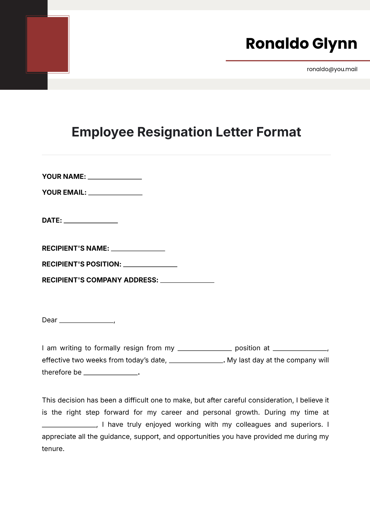 Employee Resignation Letter Format Template - Edit Online & Download