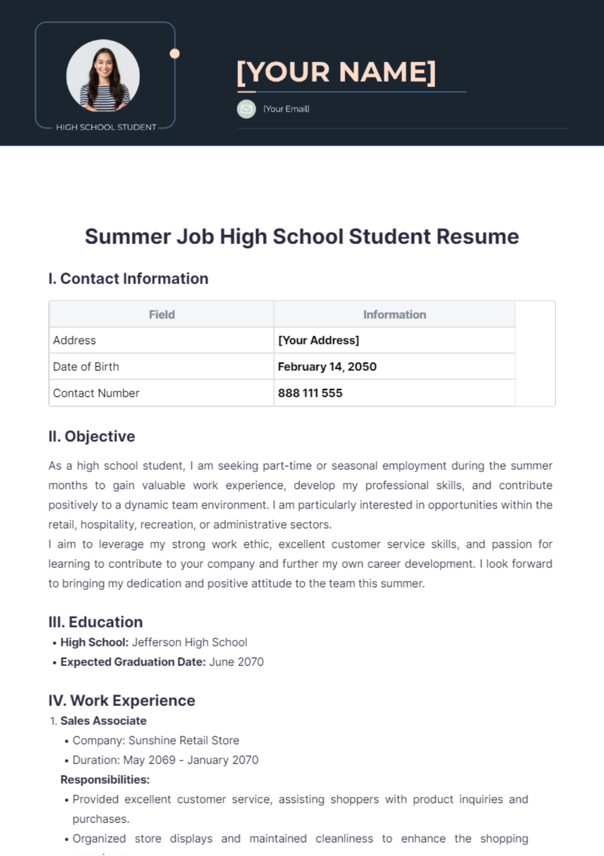 Free Summer Job High School Student Resume Template to Edit Online