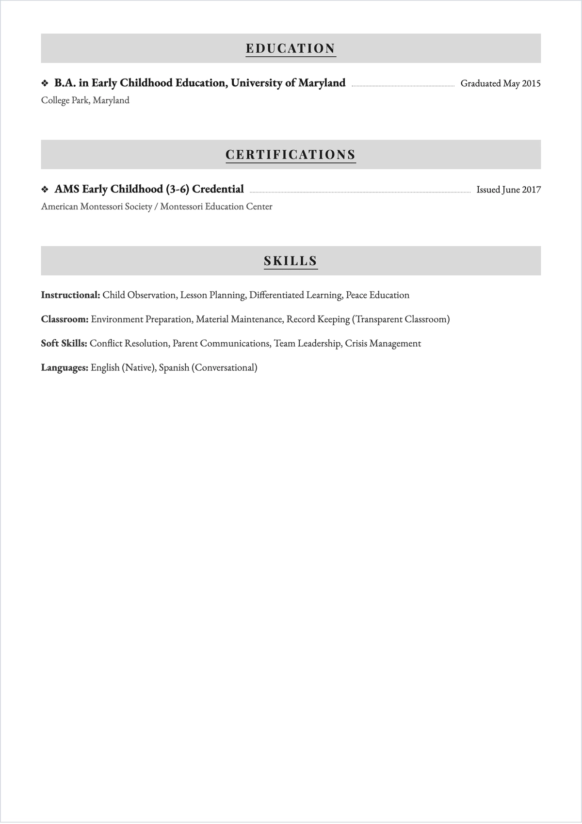 Free Montessori Teacher ATS Resume Template, AI Resume Builder