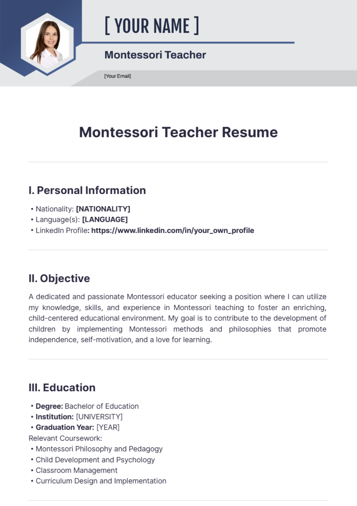 Montessori Teacher Resume - Edit Online & Download