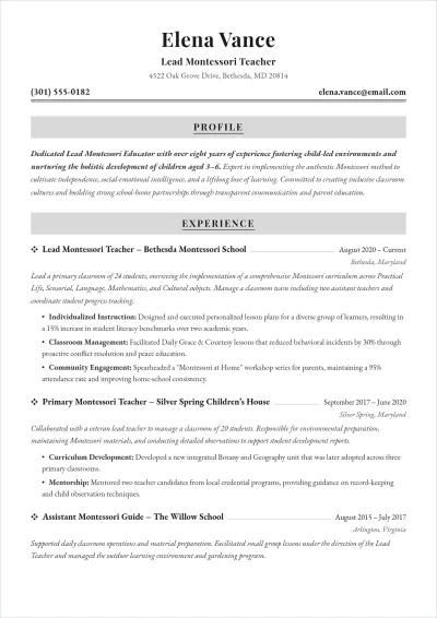 Free Montessori Teacher ATS Resume Template, AI Resume Builder