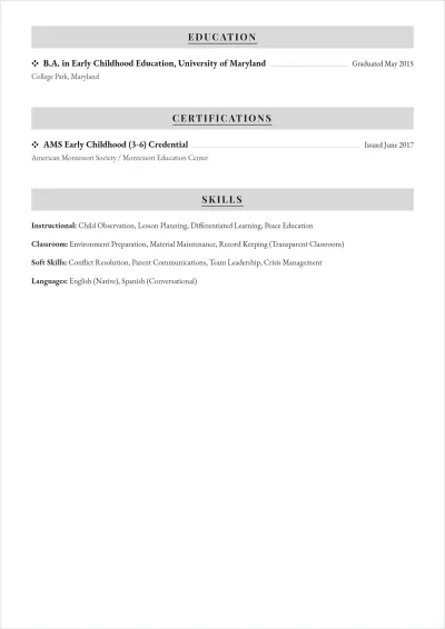 Free Montessori Teacher ATS Resume Template, AI Resume Builder