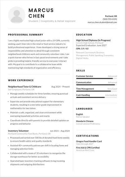 Free High School Student ATS Resume For Part Time Job Template