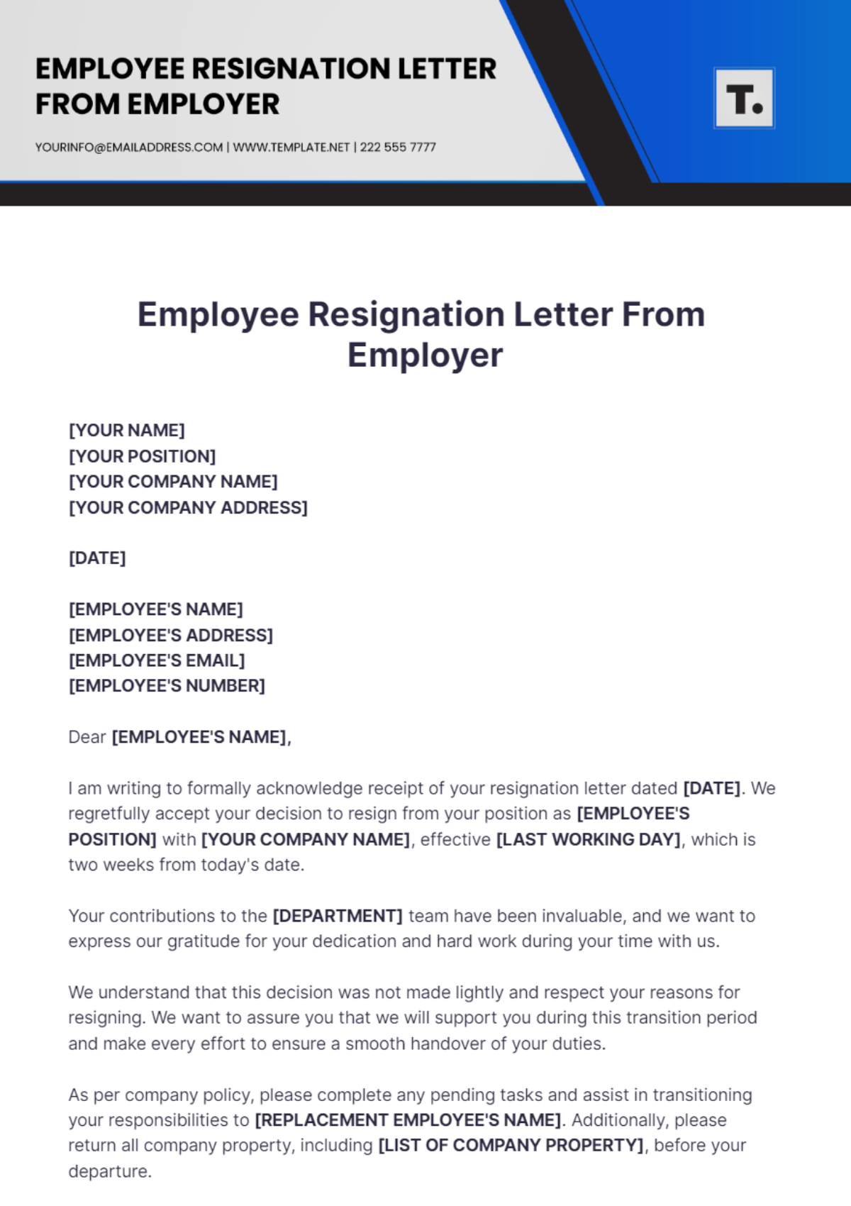 Free Employee Resignation Letter From Employer Template - Edit Online ...