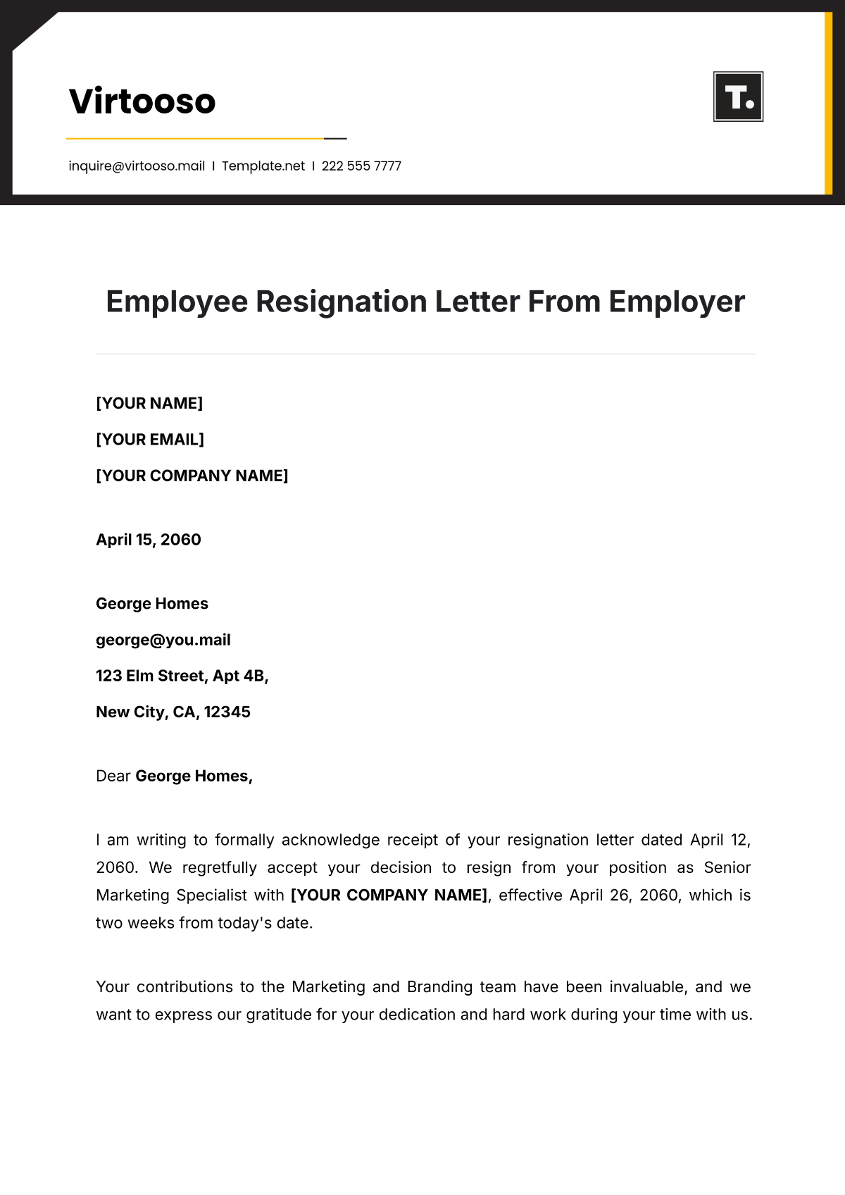 Employee Resignation Letter From Employer Template - Edit Online & Download