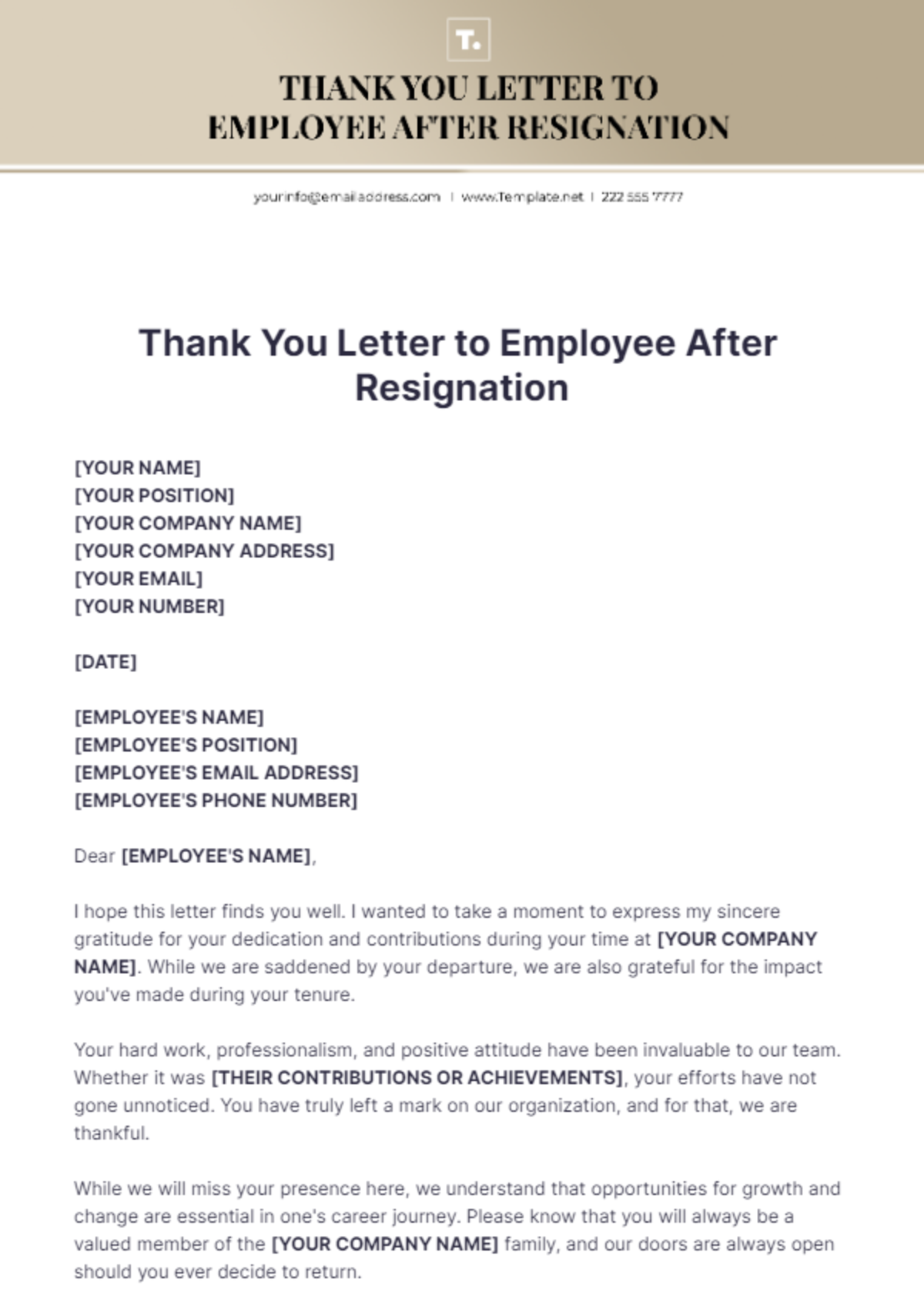 Thank You Letter to Employee After Resignation Template - Edit Online & Download