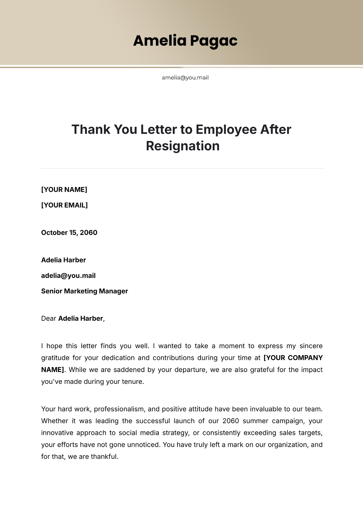 Thank You Letter to Employee After Resignation Template - Edit Online & Download