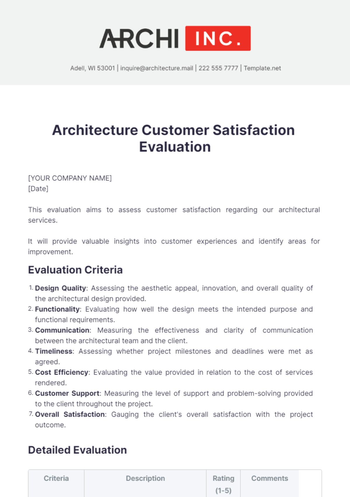 Architecture Customer Satisfaction Evaluation Template - Edit Online & Download