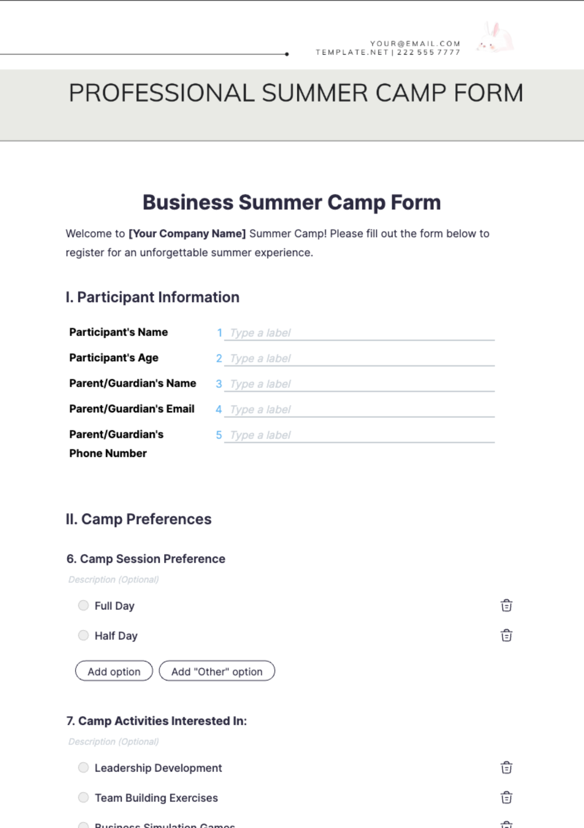 Business Summer Camp Form Template - Edit Online & Download