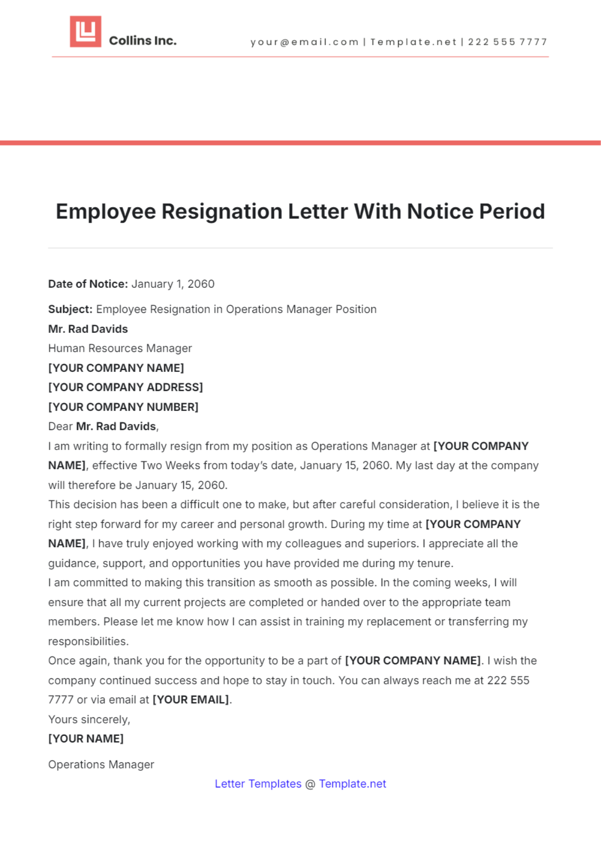 Employee Resignation Letter With Notice Period Template