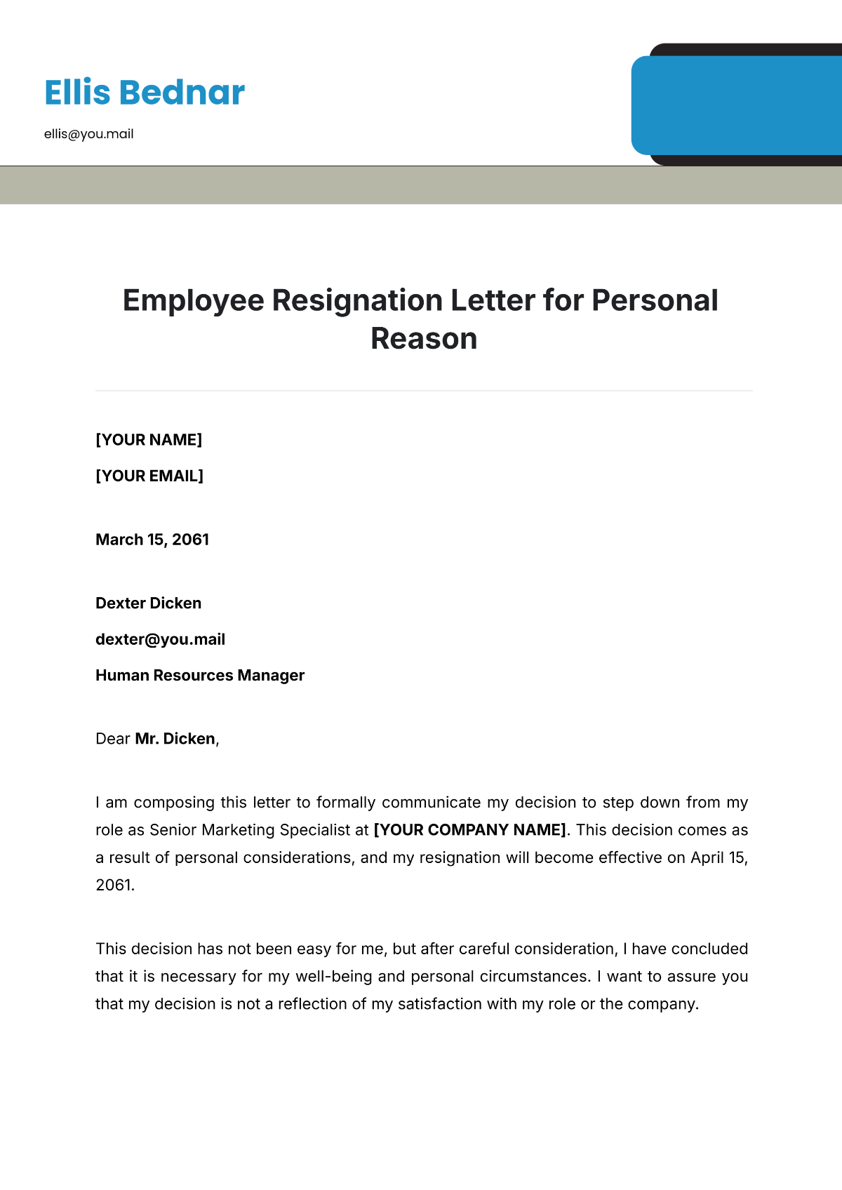 Employee Resignation Letter for Personal Reason Template - Edit Online & Download