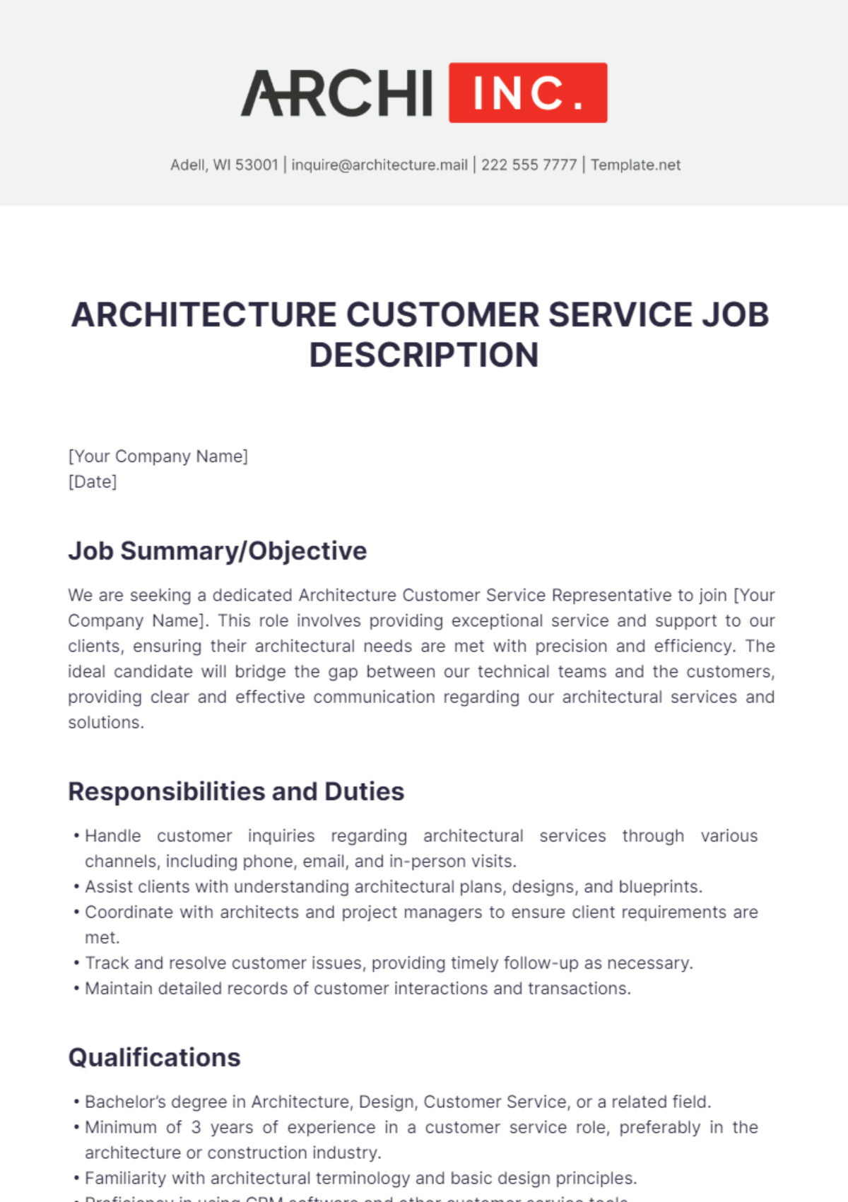 Architecture Customer Service Job Description Template - Edit Online & Download