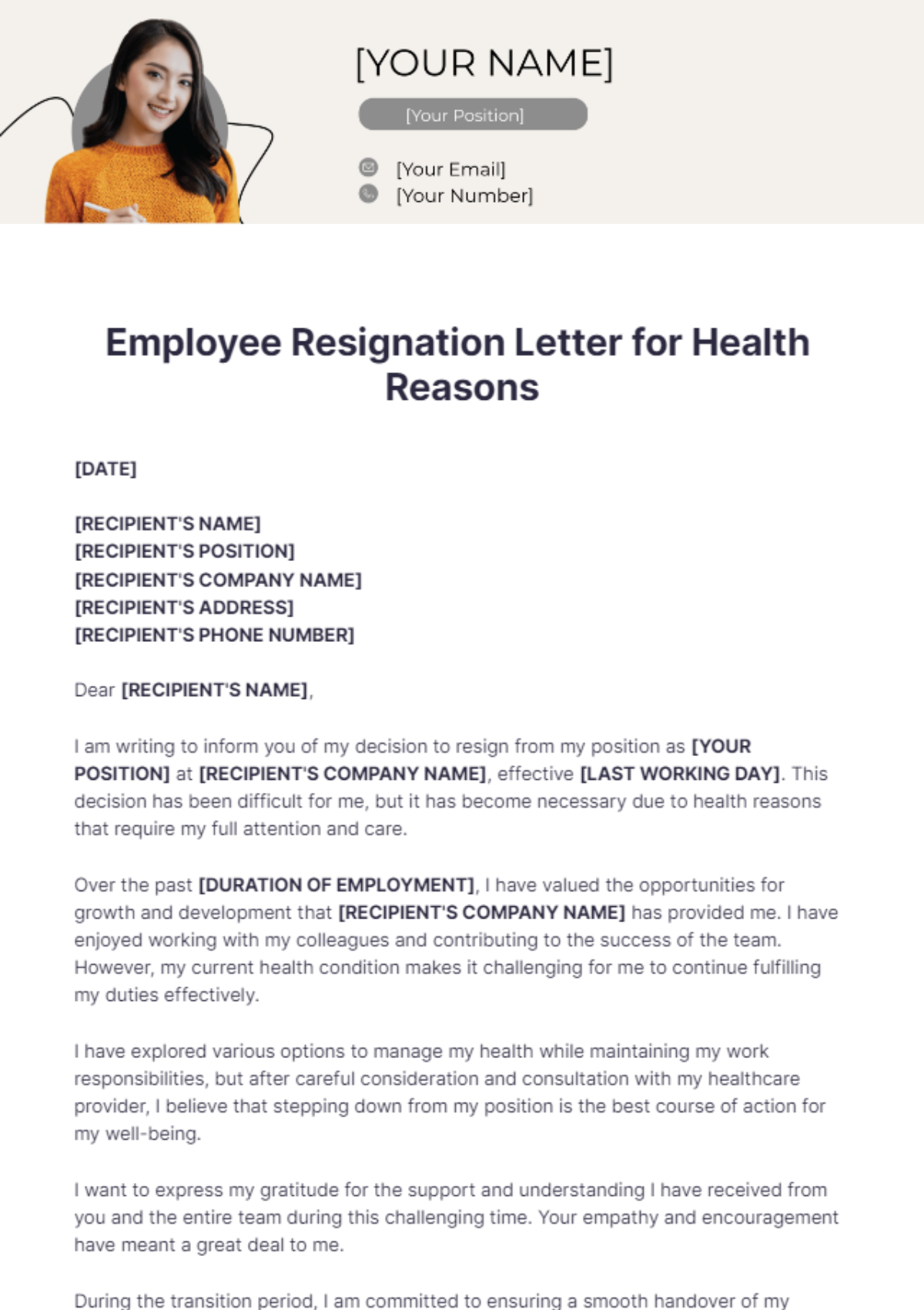 Employee Resignation Letter Template for Health Reasons - Edit Online & Download