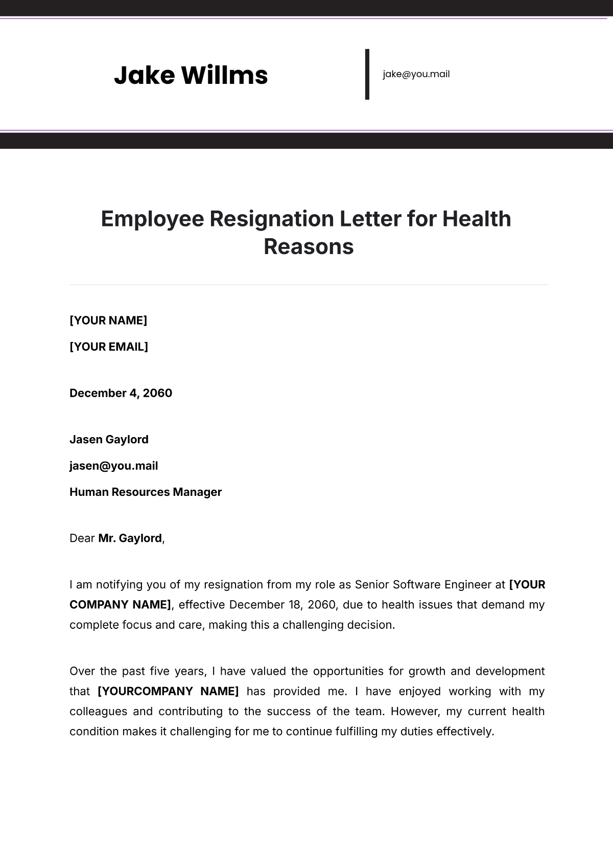 Employee Resignation Letter Template for Health Reasons - Edit Online & Download