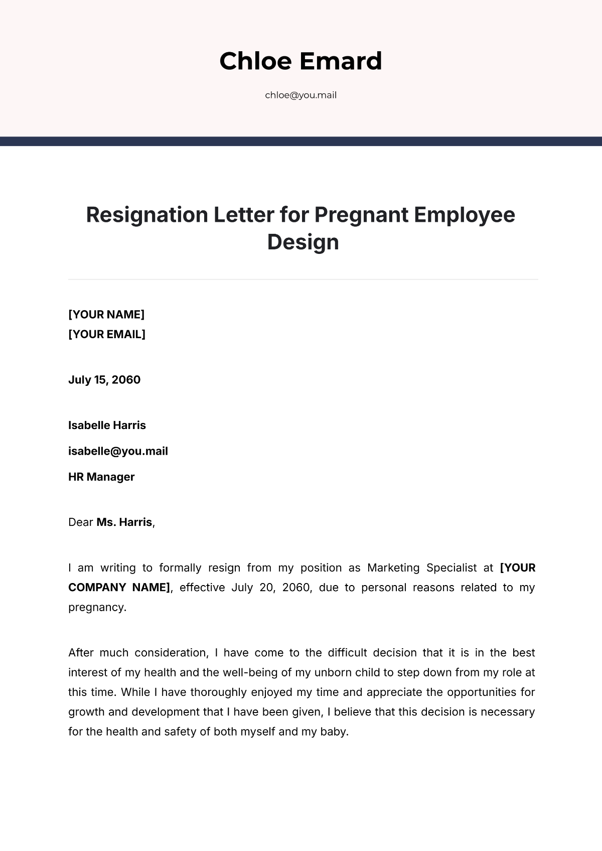 Resignation Letter for Pregnant Employee Design Template - Edit Online & Download