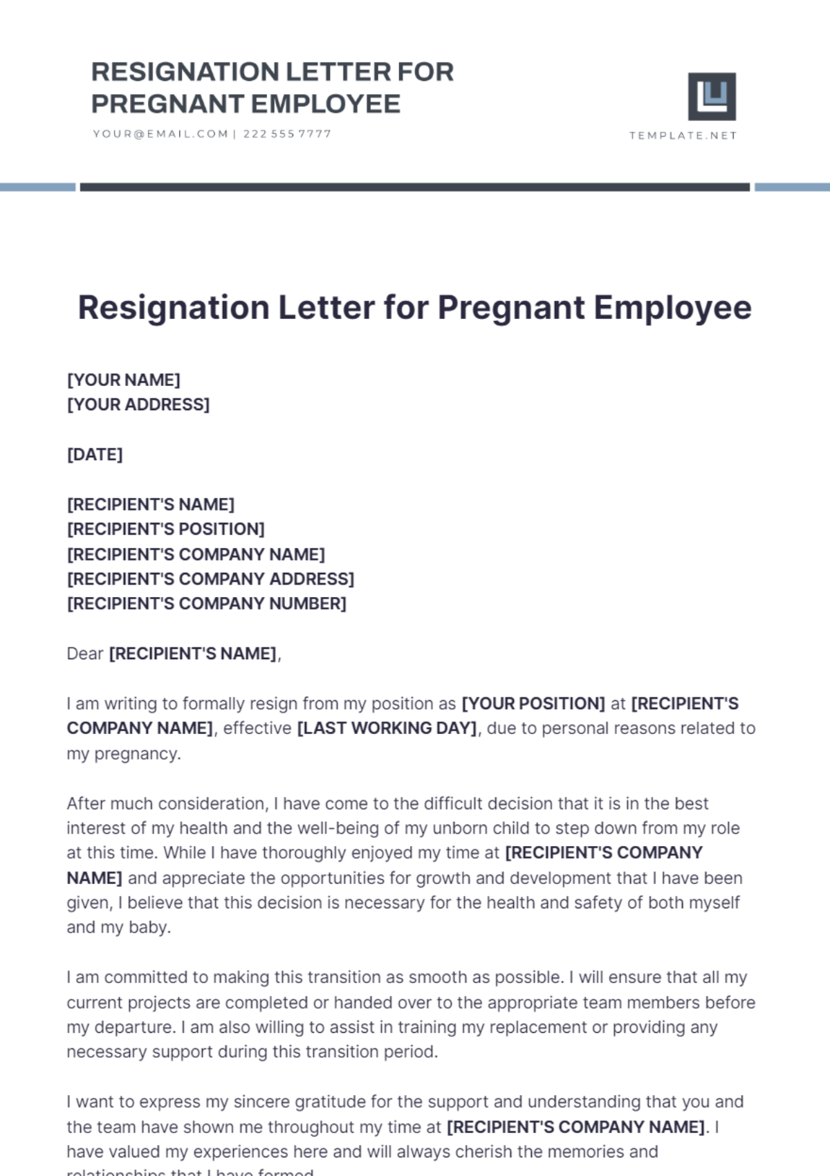 Resignation Letter for Pregnant Employee Template - Edit Online & Download