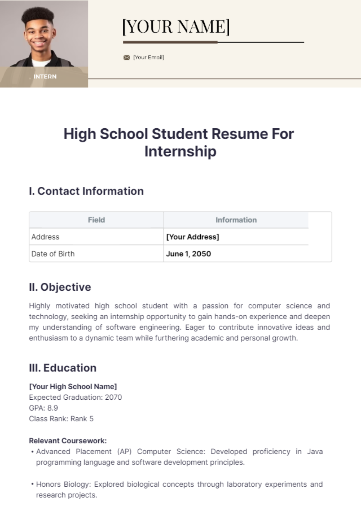 High School Student Resume For Internship Templates - Edit Online ...