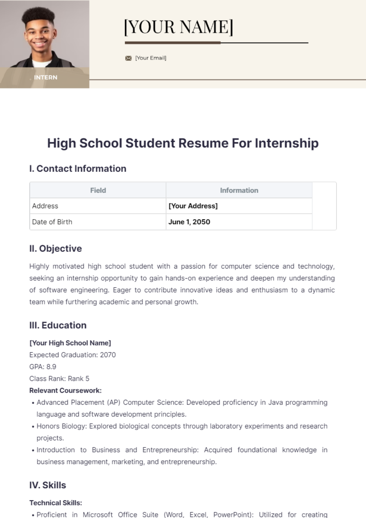 High School Student Resume For Internship - Edit Online & Download