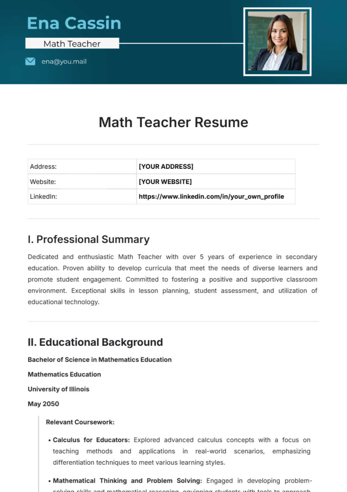 Math Teacher Resume Template - Edit Online & Download