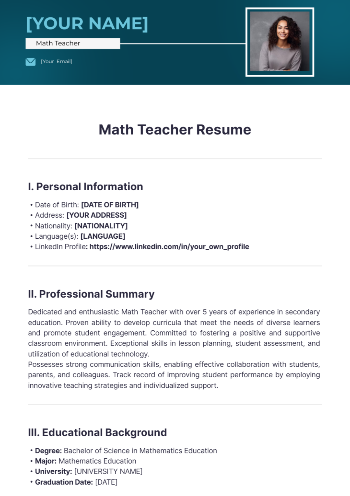 Math Teacher Resume - Edit Online & Download Example | Template.net