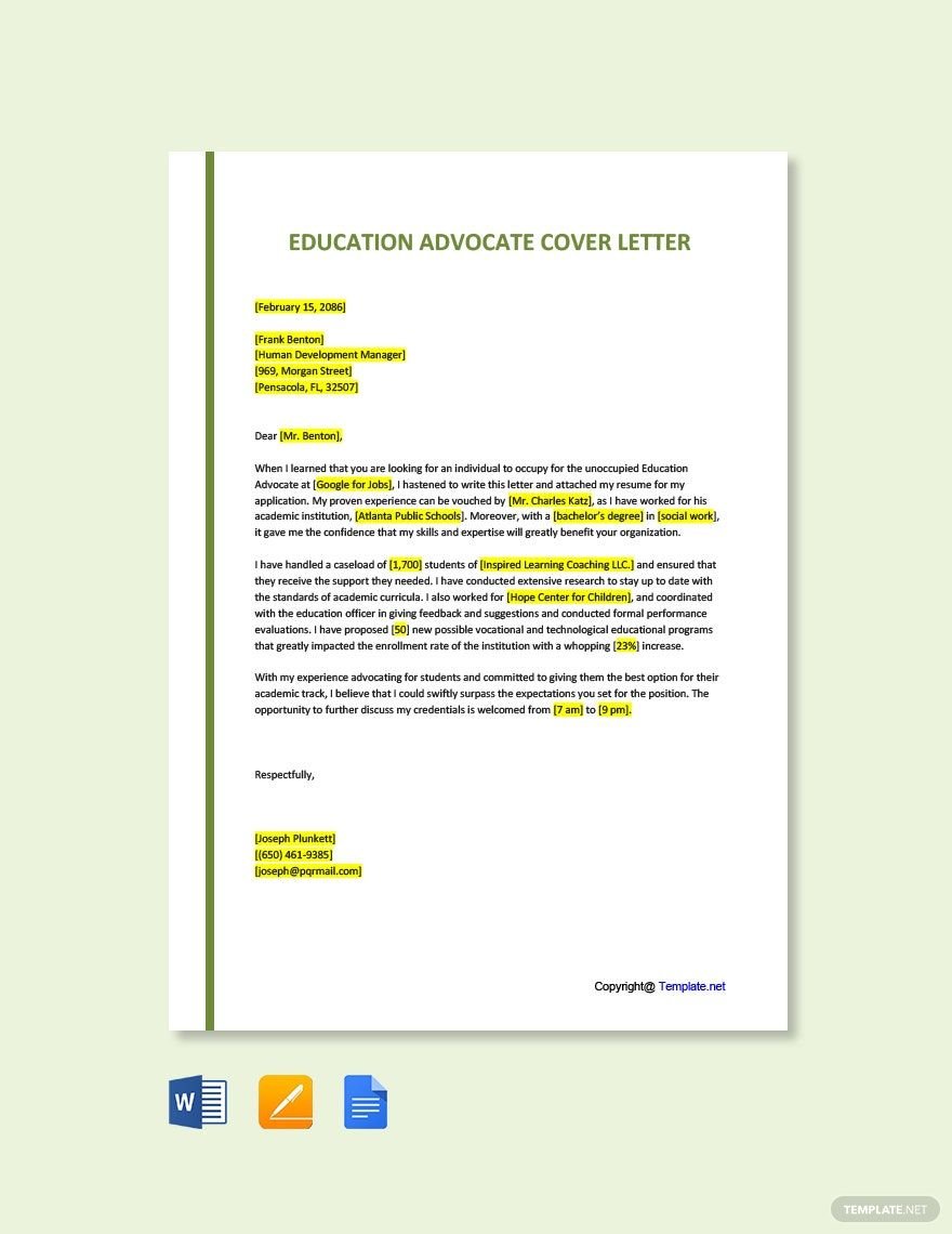 Education Advocate Cover Letter in Word, Google Docs, PDF, Apple Pages
