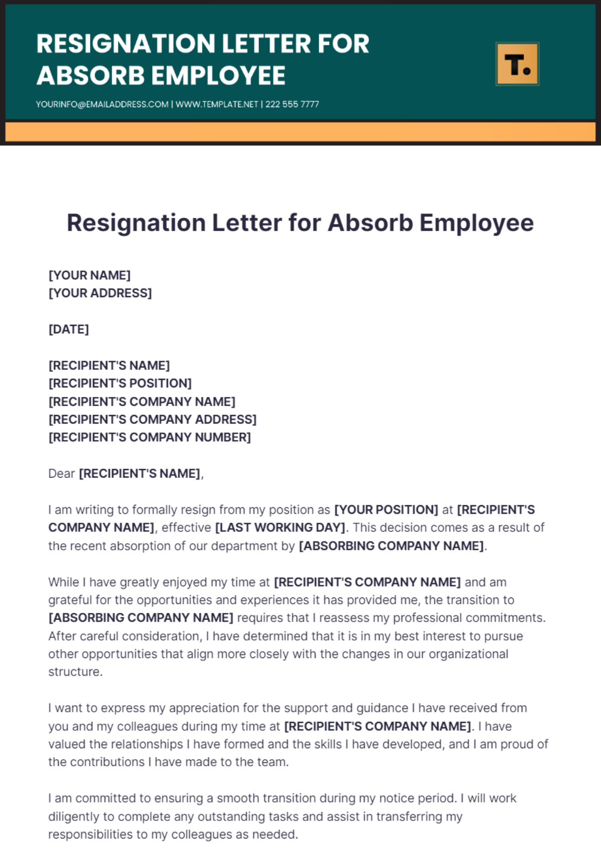 Resignation Letter for Absorb Employee Template - Edit Online & Download