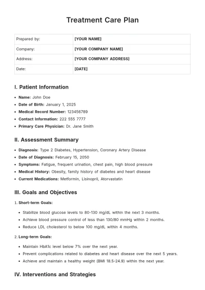Free Treatment Care Plan Template to Edit Online