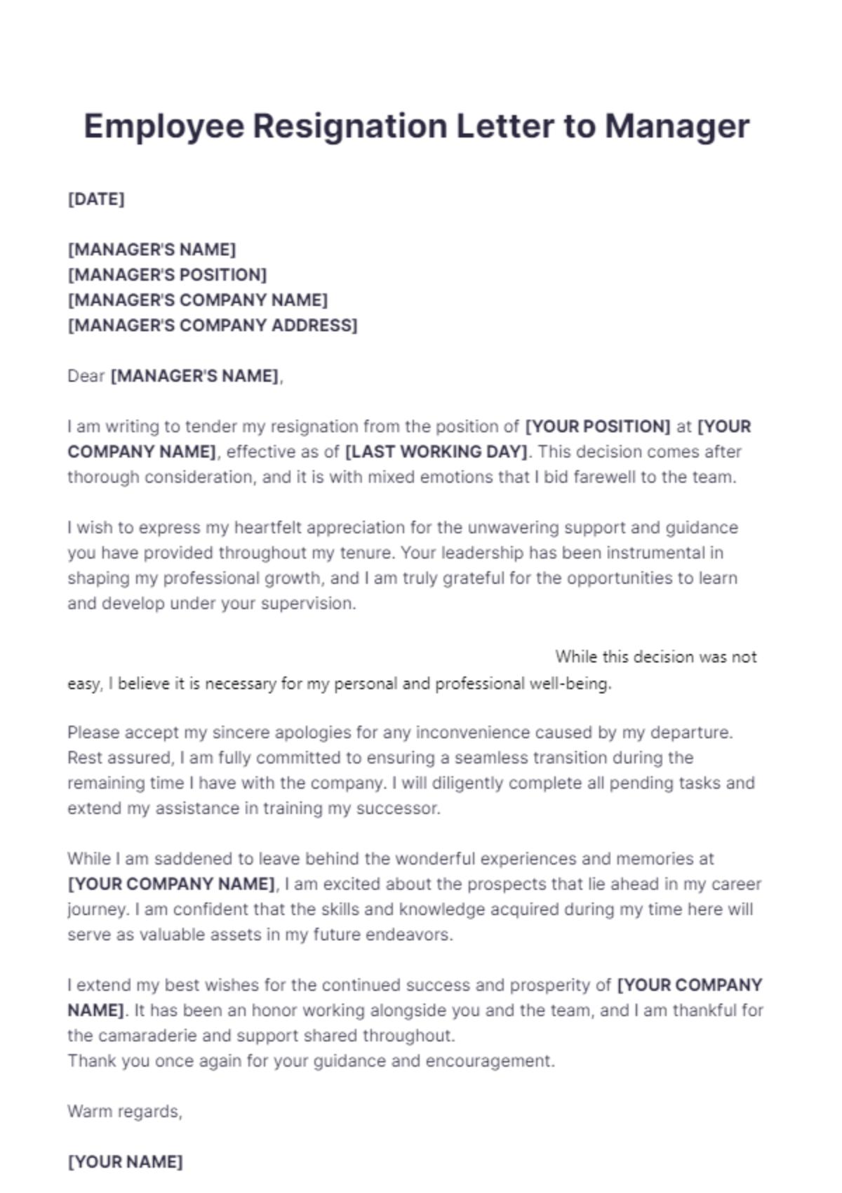 Employee Resignation Letter to Manager Template - Edit Online & Download