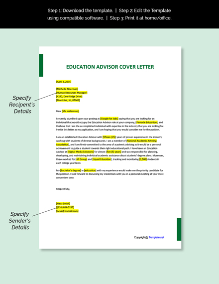 Education Advisor Cover Letter Template - Google Docs, Word, Apple ...