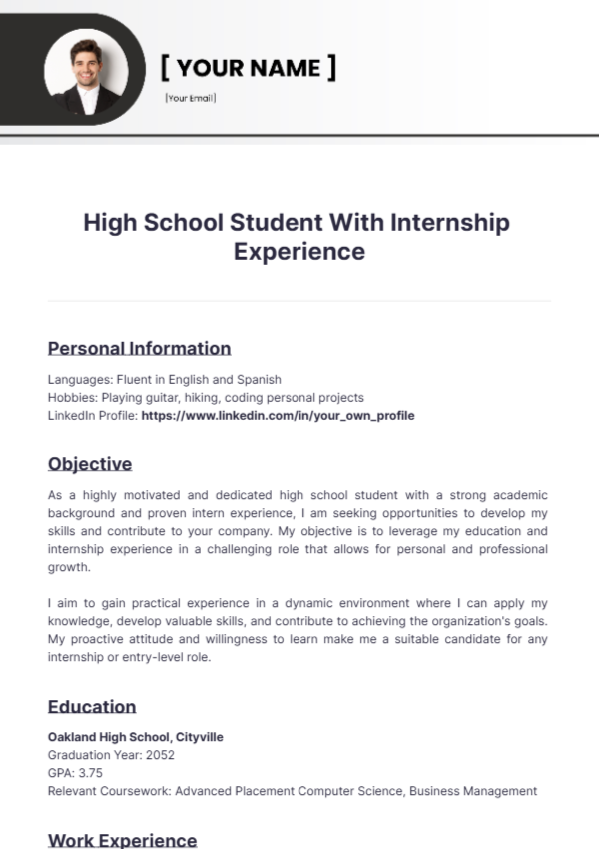 High School Student Resume With Internship Experience - Edit Online & Download