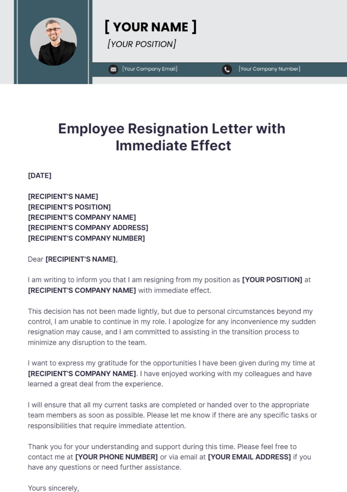 Employee Resignation Letter with Immediate Effect Template - Edit Online & Download