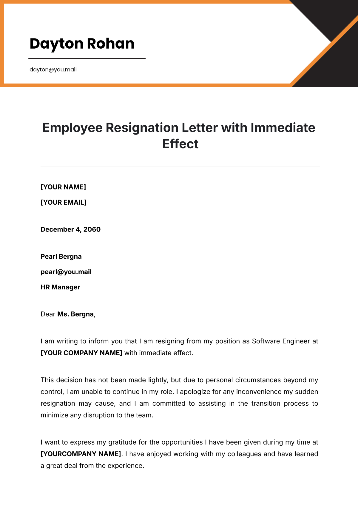 Employee Resignation Letter with Immediate Effect Template - Edit Online & Download