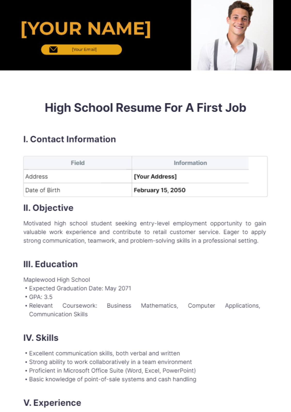 High School Resume For A First Job - Edit Online & Download Example ...