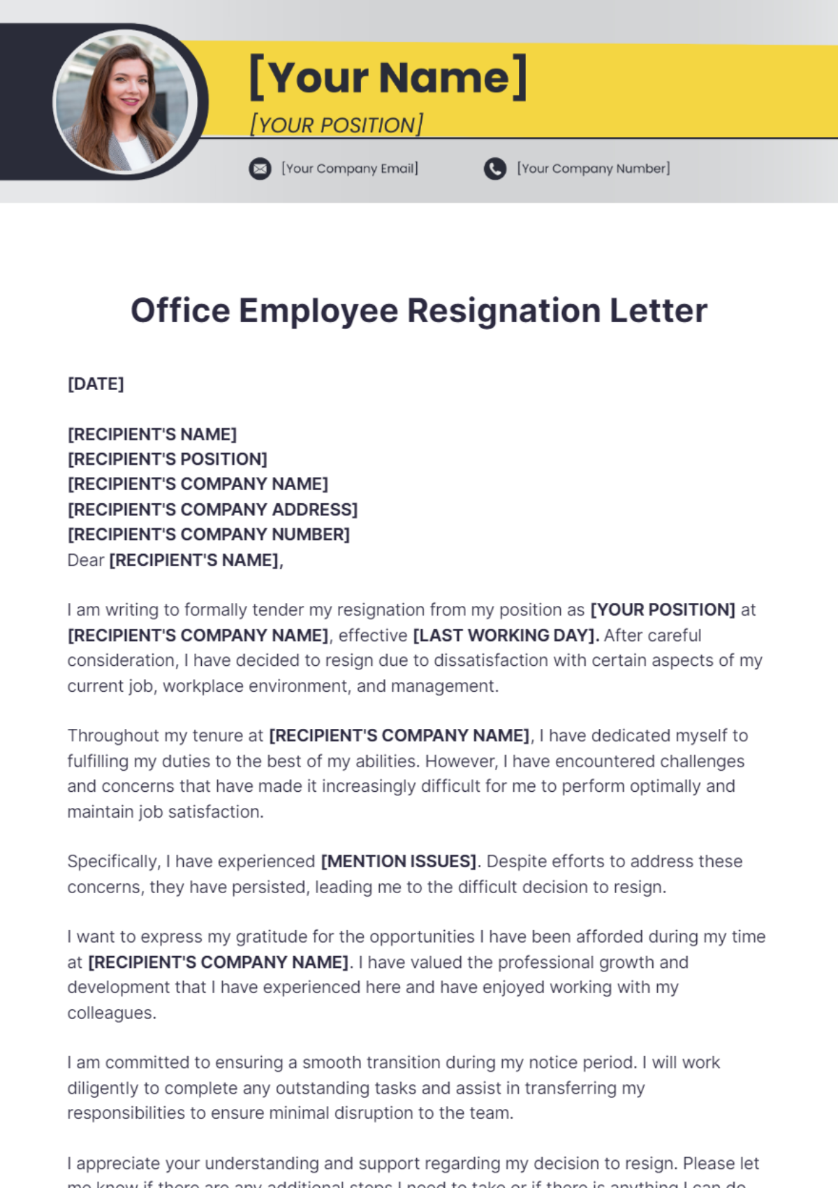 Office Employee Resignation Letter Template - Edit Online & Download