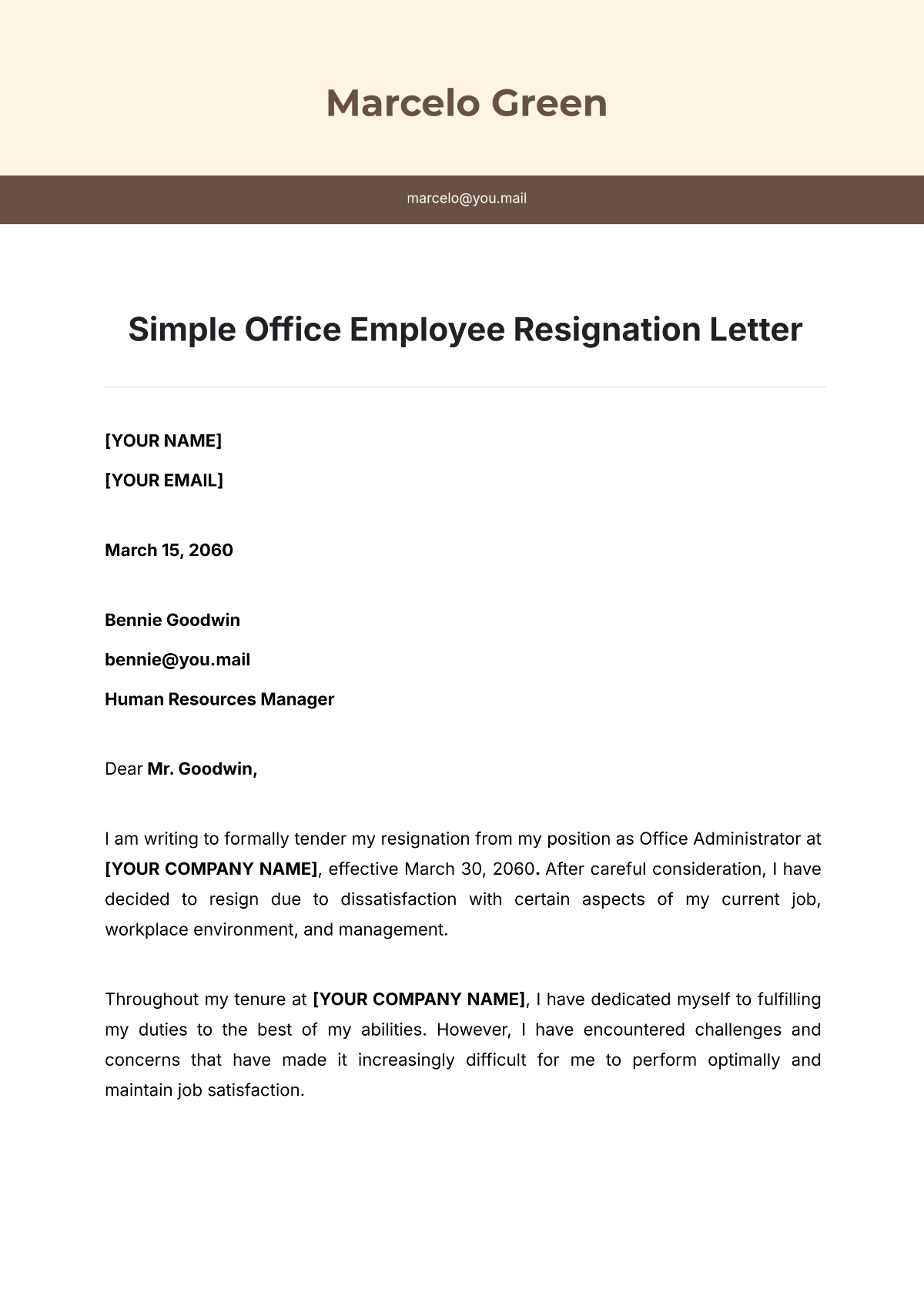 Simple Office Employee Resignation Letter Template - Edit Online & Download