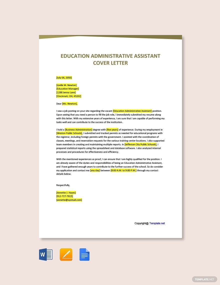 Education Administrative Assistant Cover Letter Template