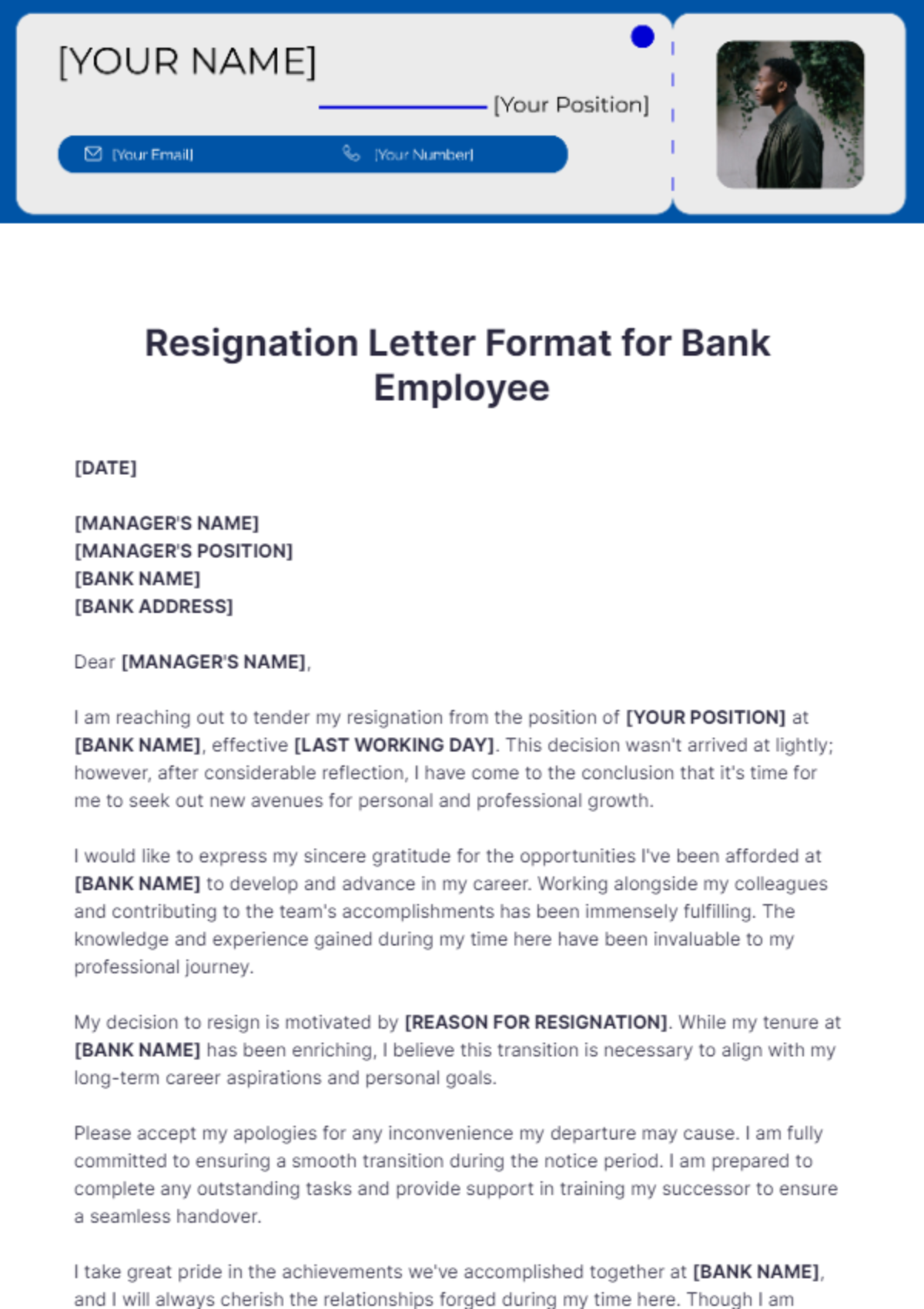 Resignation Letter Format for Bank Employee Template - Edit Online & Download