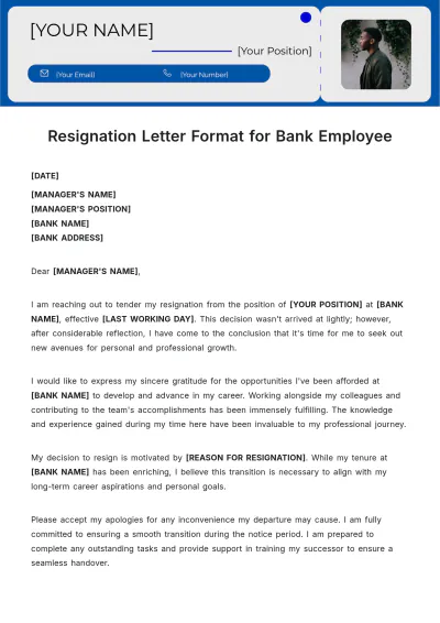 Free Resignation Letter Format for Bank Employee Template to Edit Online
