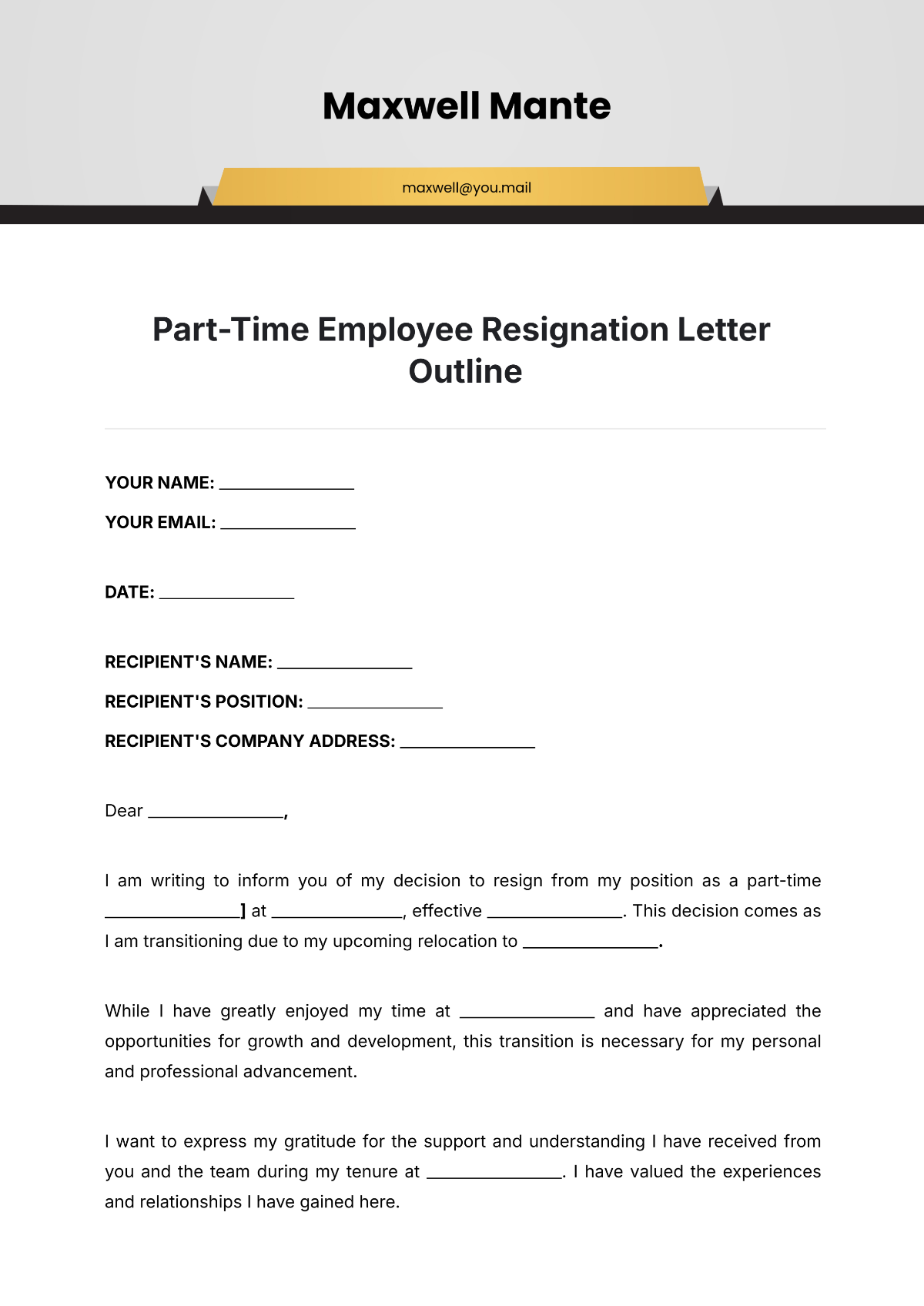 Part Time Employee Resignation Letter Outline Template - Edit Online & Download