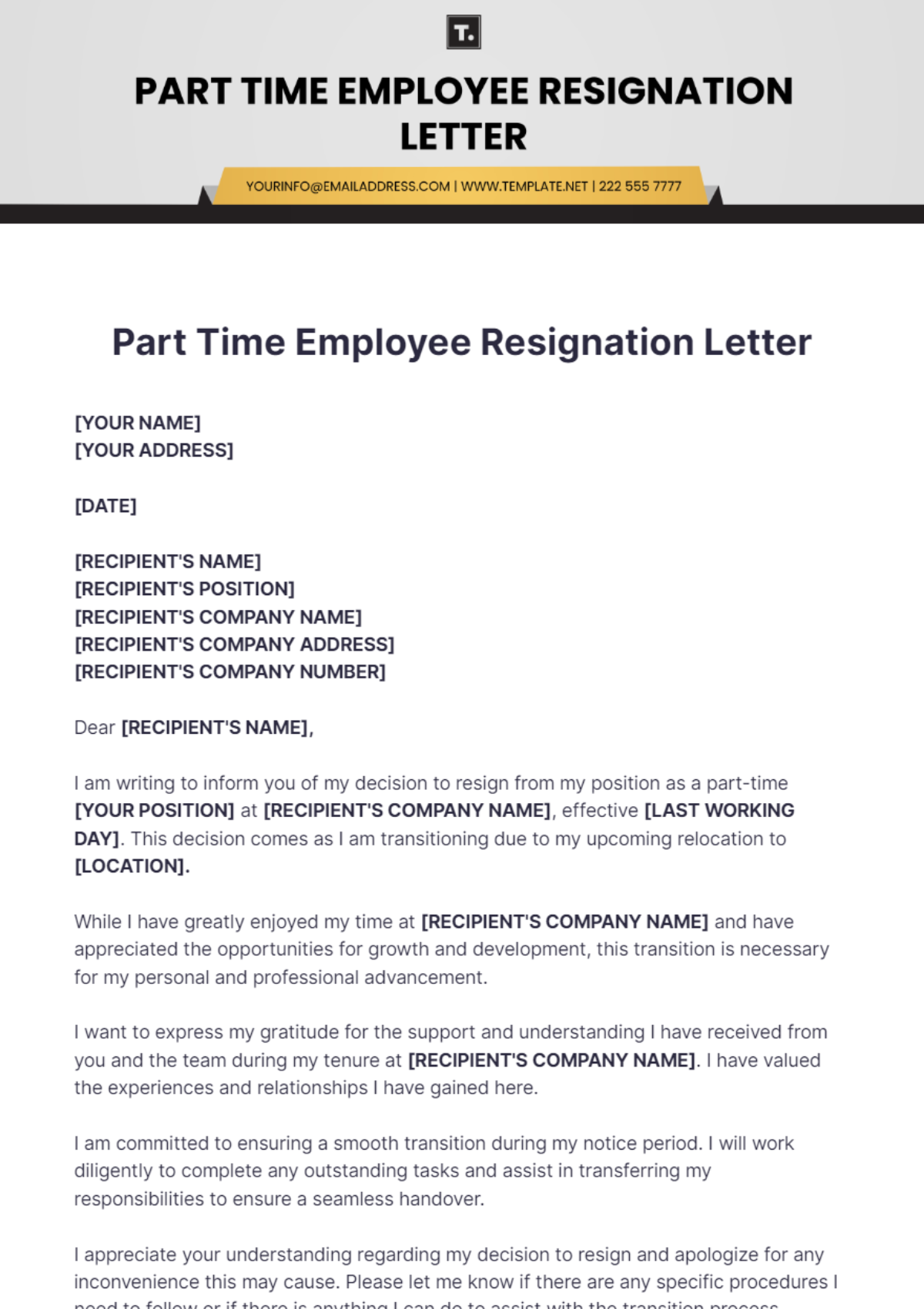 Part Time Employee Resignation Letter Template - Edit Online & Download