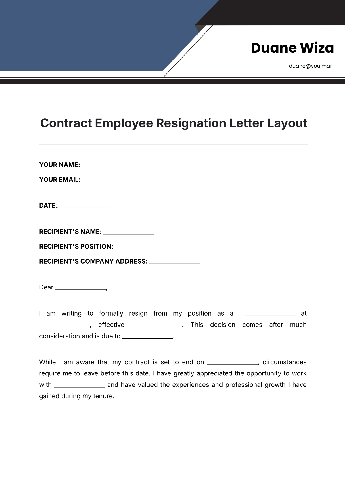 Contract Employee Resignation Letter Layout Template - Edit Online & Download