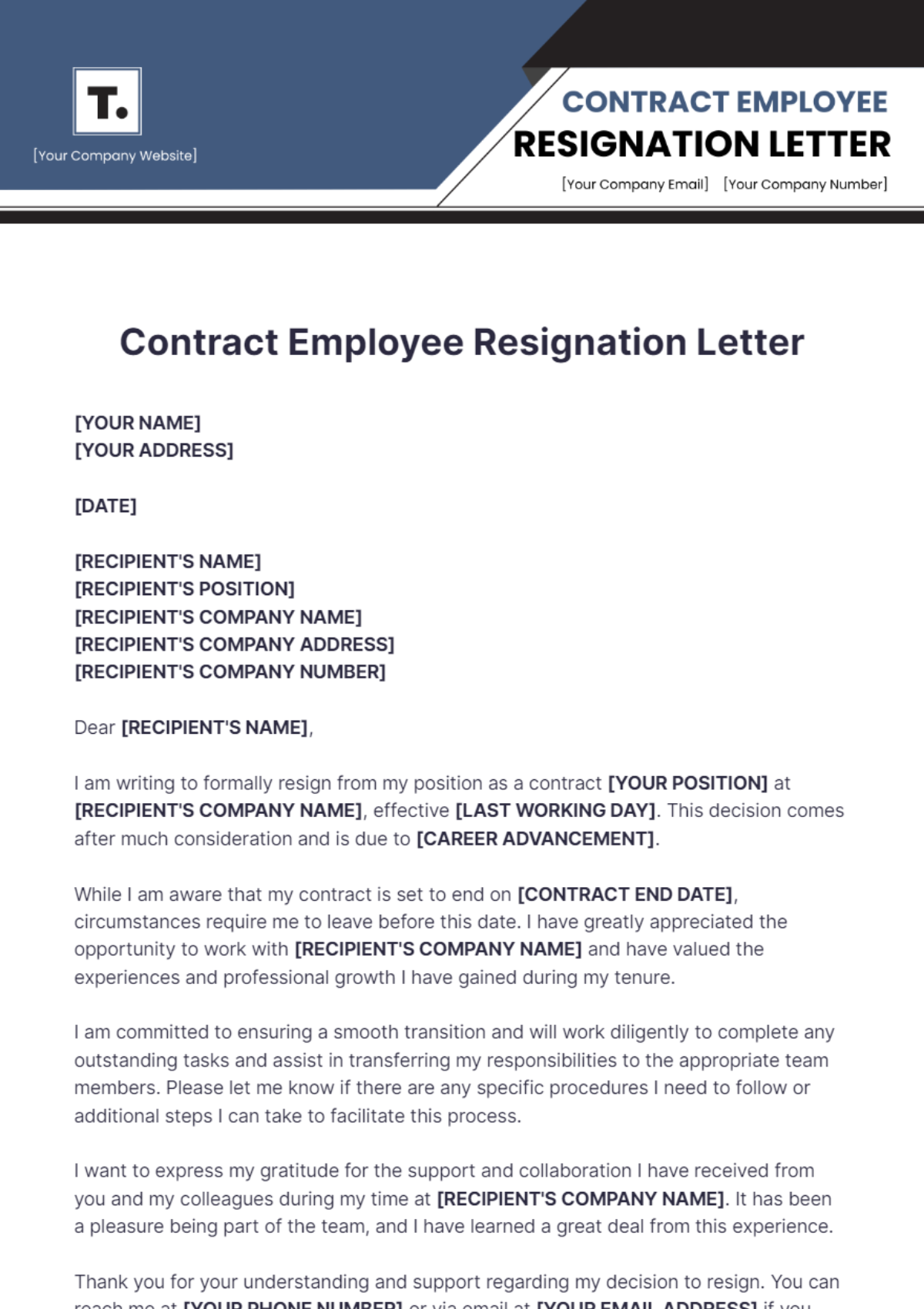 Contract Employee Resignation Letter Template - Edit Online & Download