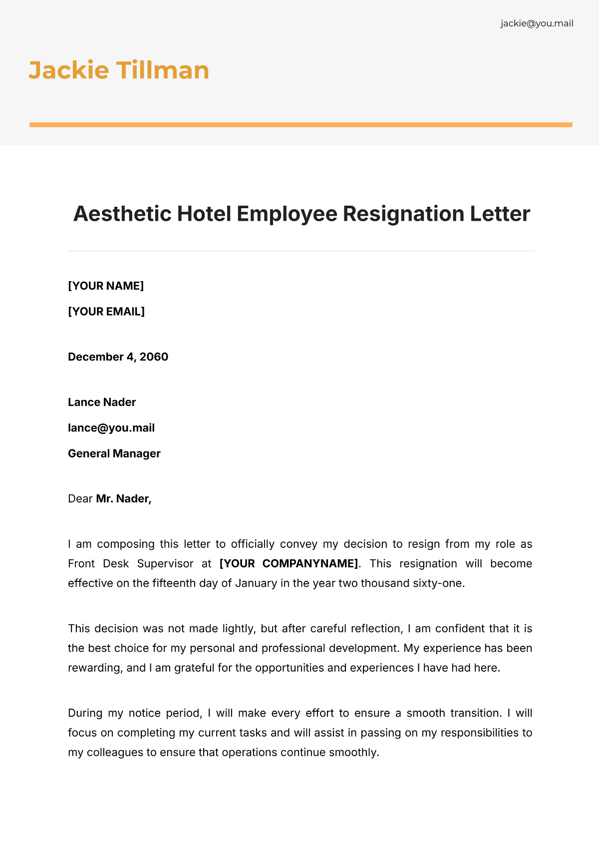 Aesthetic Hotel Employee Resignation Letter Template - Edit Online & Download